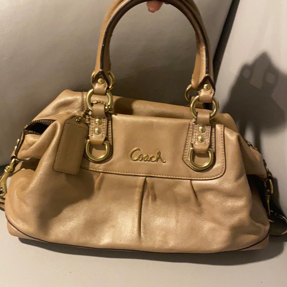 Tan shimmer leather coach satchel bag